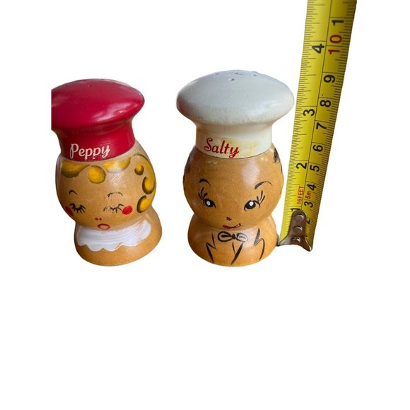Vintage Salty Peppy chef woodel salt pepper shakers 3.25" tall MCM Hand Painted - Picture 2 of 5